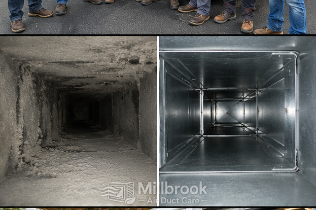 Before and after comparison of an air duct cleaned by Millbrook Air Duct Care in Worcester, MA