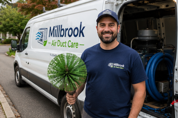 Millbrook Air Duct Care technician with duct cleaning equipment beside the service van