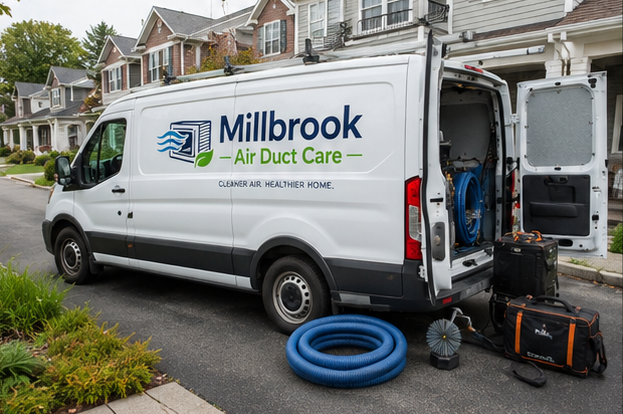 Millbrook Air Duct Care branded service van parked outside a home in the Worcester, MA area